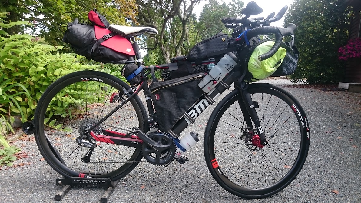 Loaded touring bicycle with panniers ready for a cross-border ride